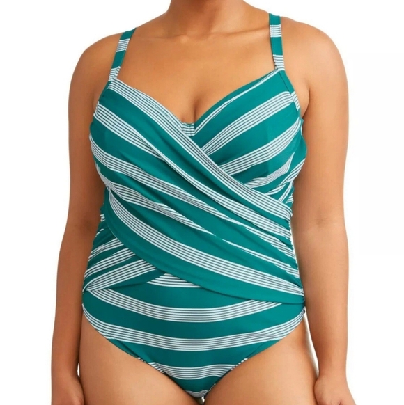 Terra Sky Green White Stripes Pleated One Piece Swimsuit 1X Underwire Resort - Picture 1 of 12